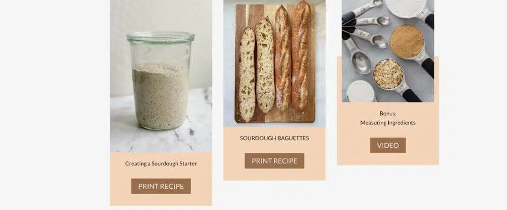 Picture of three different recipes, sourdough starter, baguettes and how to measure ingredients.